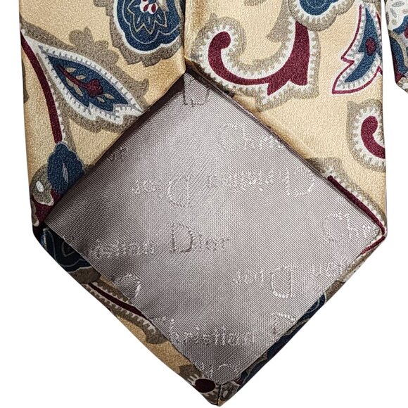Christian Dior‎ Mens Silk Tie Paisley Floral Design Beige & Blue Made In USA - Picture 2 of 7